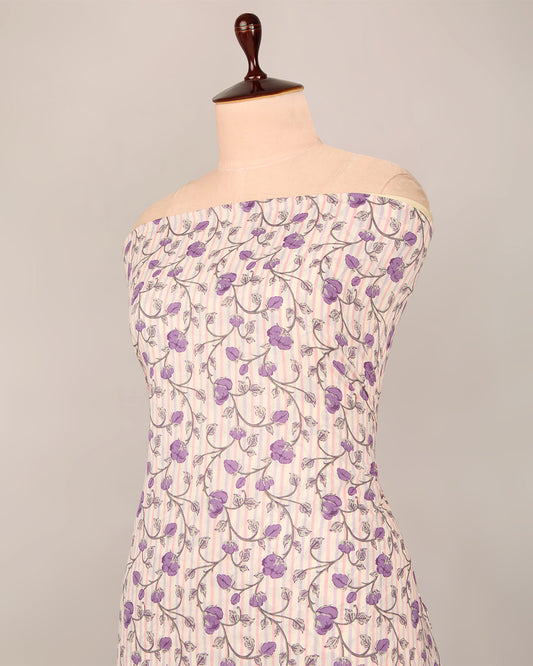 Cream & Purple Cotton Jaipuri Block Stripes Jaal Printed Fabric