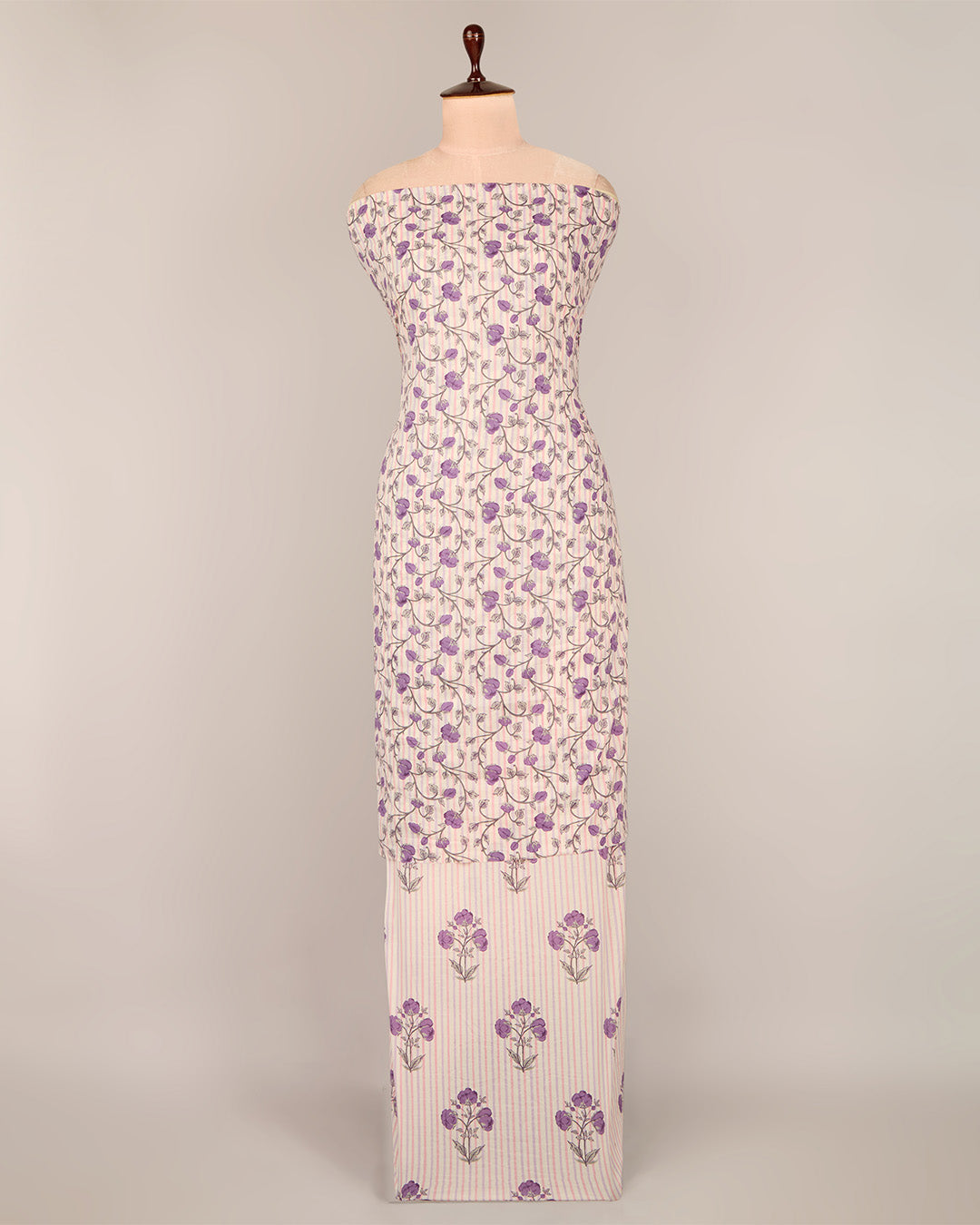 Cream & Purple Cotton Jaipuri Block Stripes Jaal Printed Fabric