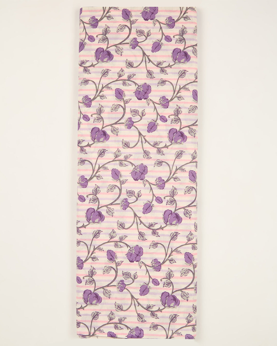 Cream & Purple Cotton Jaipuri Block Stripes Jaal Printed Fabric