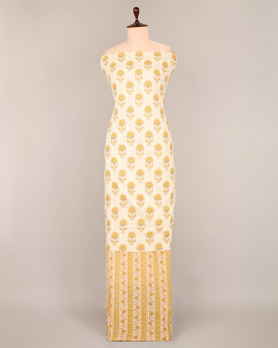 Cream and Mustard Cotton Jaipuri Block Buta & Stripes Printed Fabric