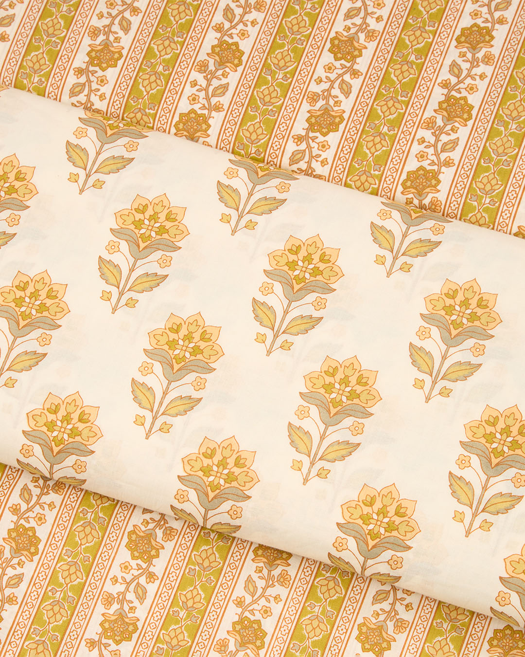 Cream Mustard Cotton Jaipuri Block Buta & Stripes Fabric