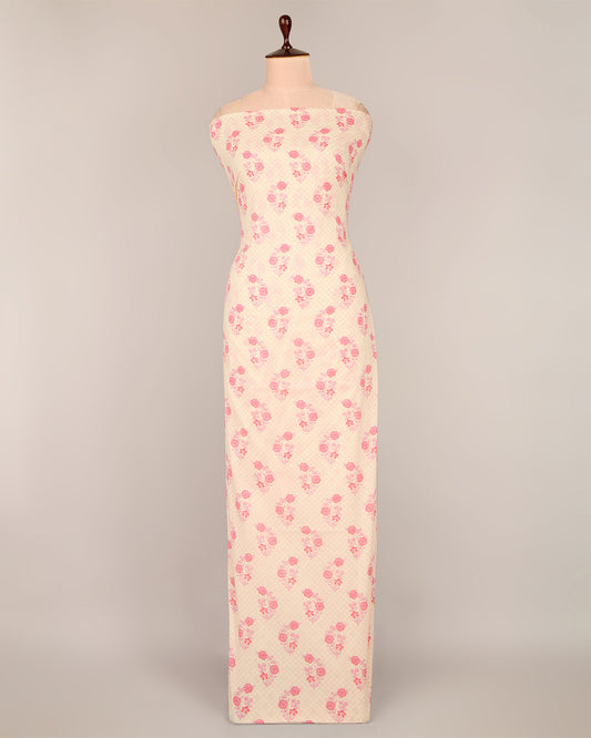 Cream and Pink Cotton Jaipur Block Buta Printed Fabric