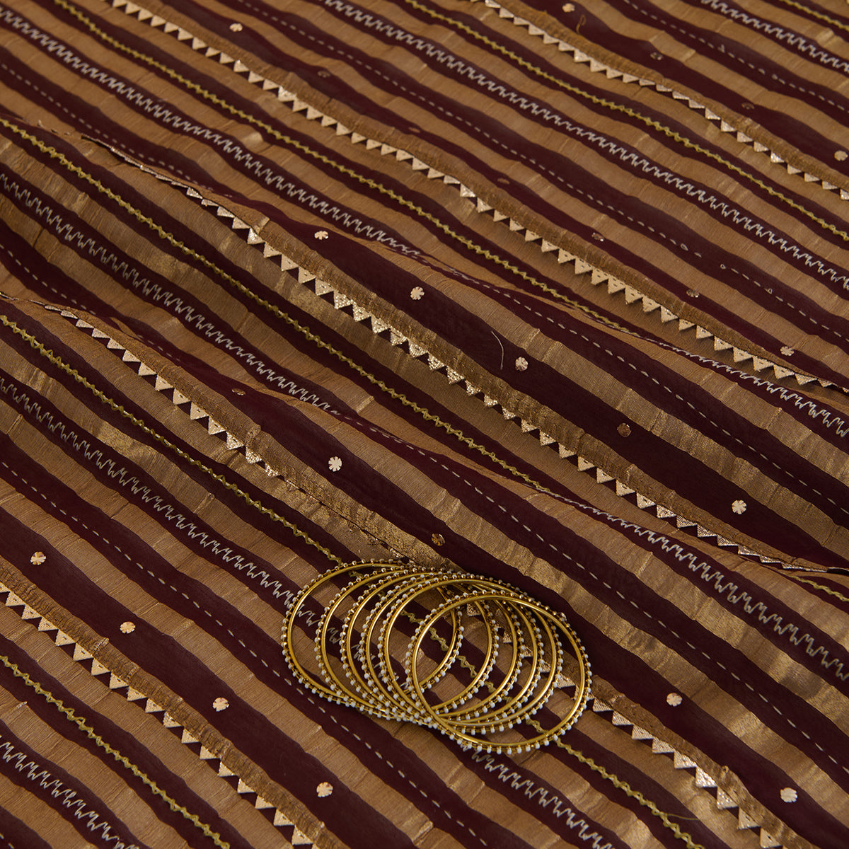 Coffee Brown Chanderi Zari Stripes Badla Gota Triangle Fabric