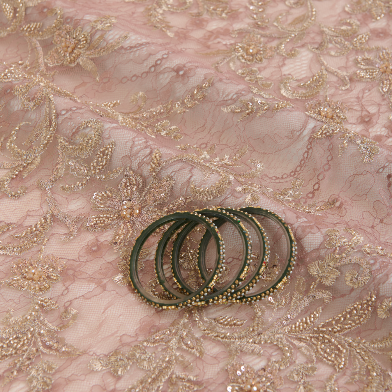 Dusty Pink Chantilly Lace with Gold Aari Embroidery Fabric