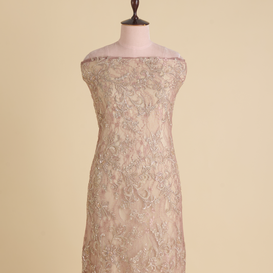 Dusty Pink Chantilly Lace with Gold Aari Embroidery Fabric