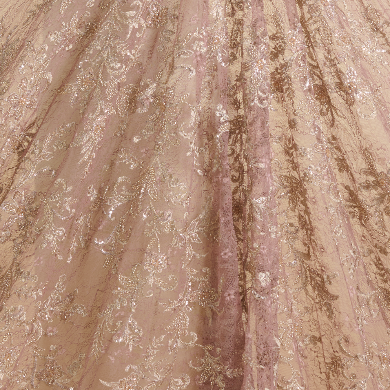 Dusty Pink Chantilly Lace with Gold Aari Embroidery Fabric