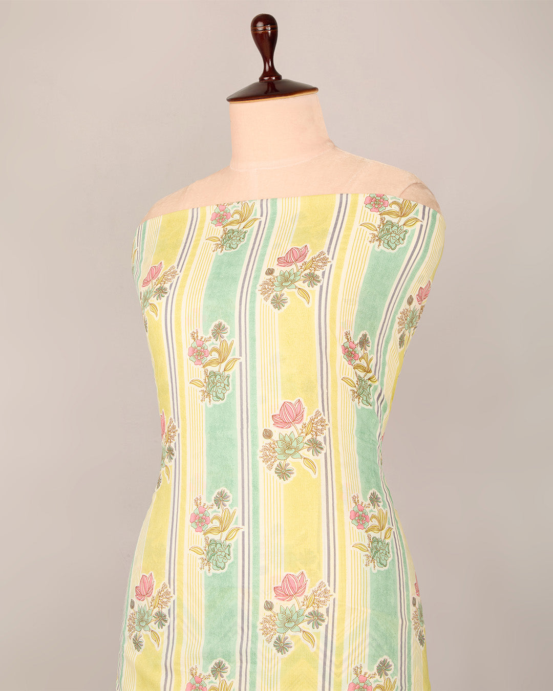 Green Yellow Cotton Jaipuri Block Stripes & Geometric Fabric