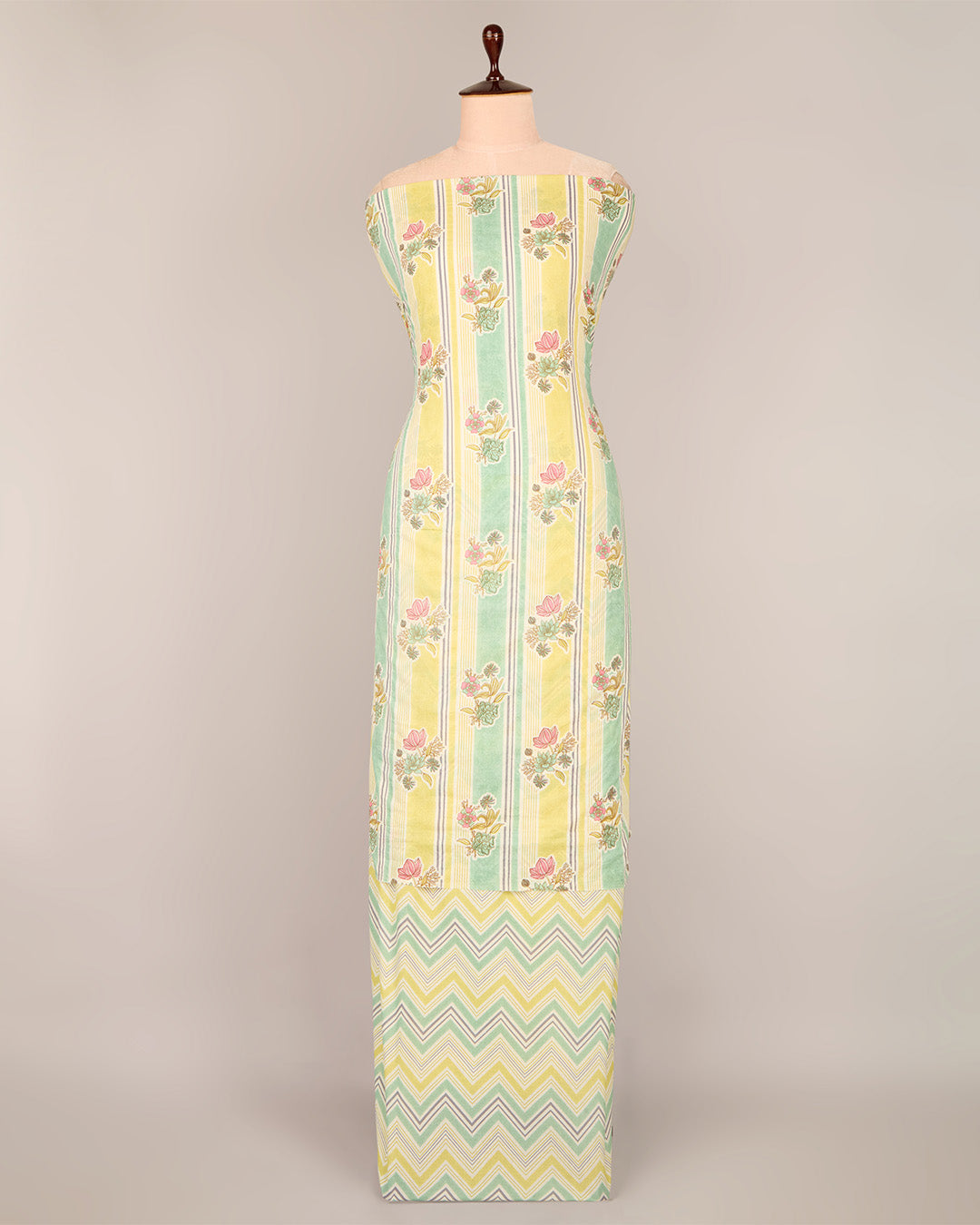 Green Yellow Cotton Jaipuri Block Stripes & Geometric Fabric