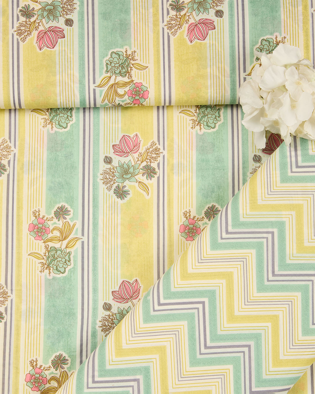 Green Yellow Cotton Jaipuri Block Stripes & Geometric Fabric