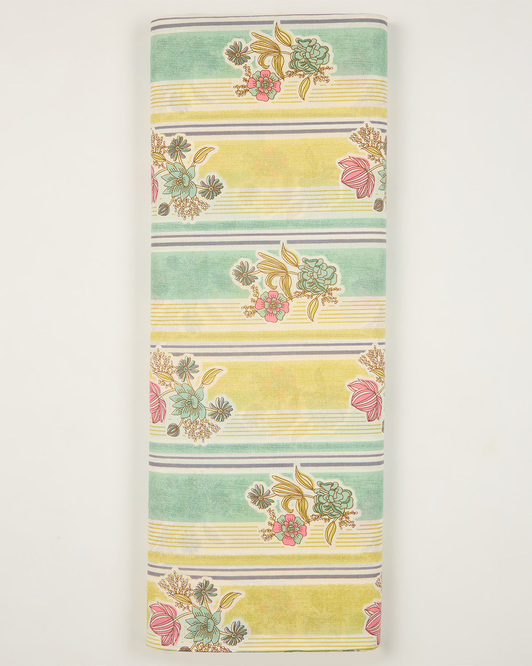 Green Yellow Cotton Jaipuri Block Stripes & Geometric Fabric