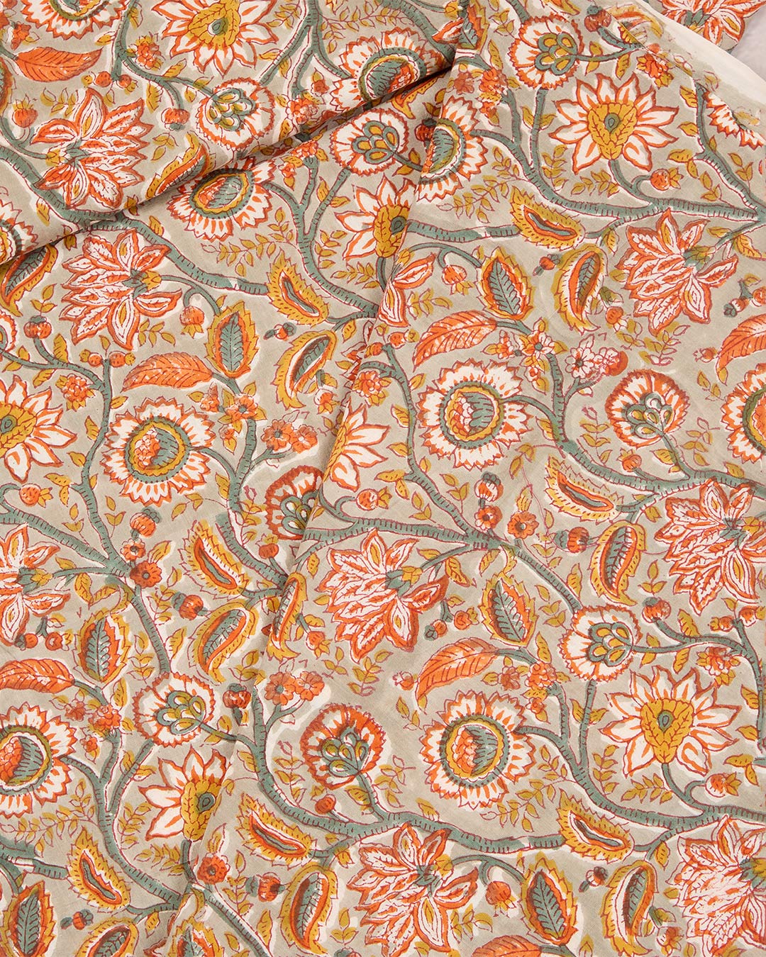 Grey Cotton Jaipuri Block Stripes Jaal Printed Fabric