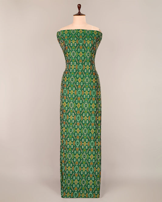 Bottle Green Cotton Silk Ikat Fabric with intricate woven pattern