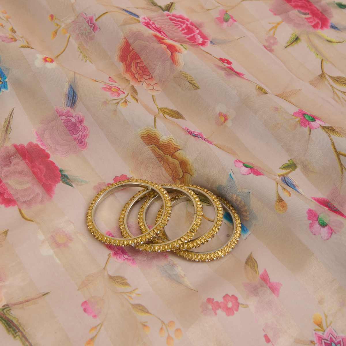 Grey Chanderi Printed Fabric with Tissue Stripes