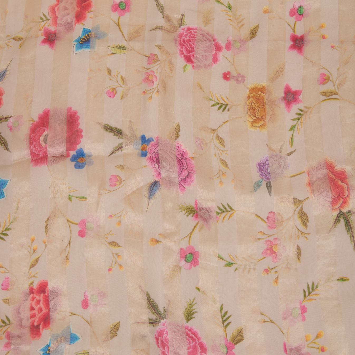 Grey Chanderi Printed Fabric with Tissue Stripes