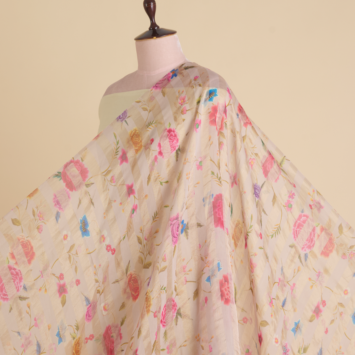 Grey Chanderi Printed Fabric with Tissue Stripes