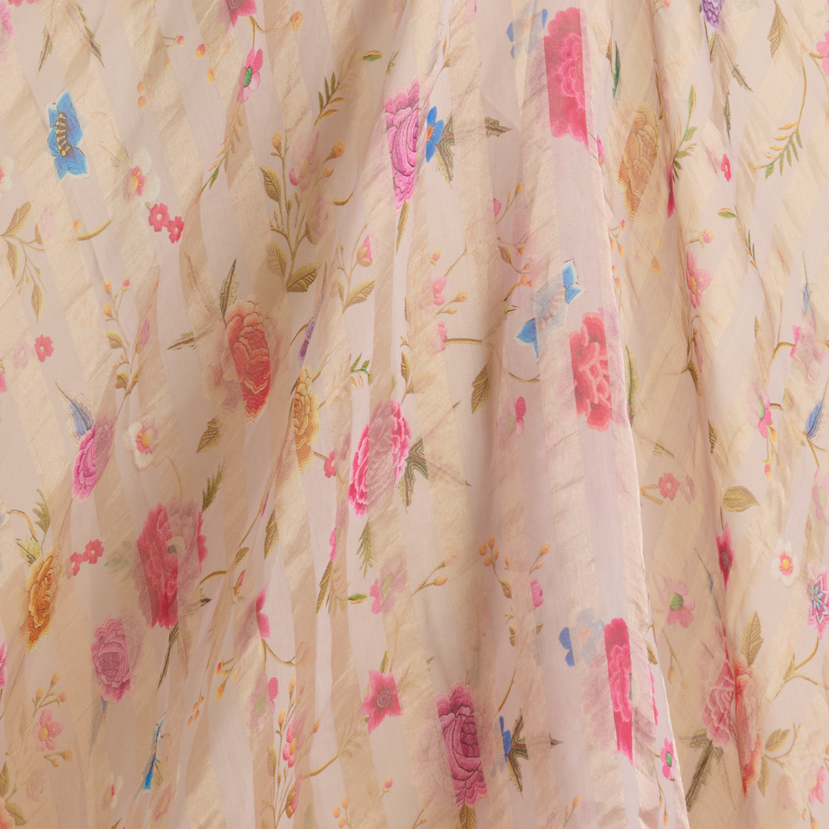 Grey Chanderi Printed Fabric with Tissue Stripes
