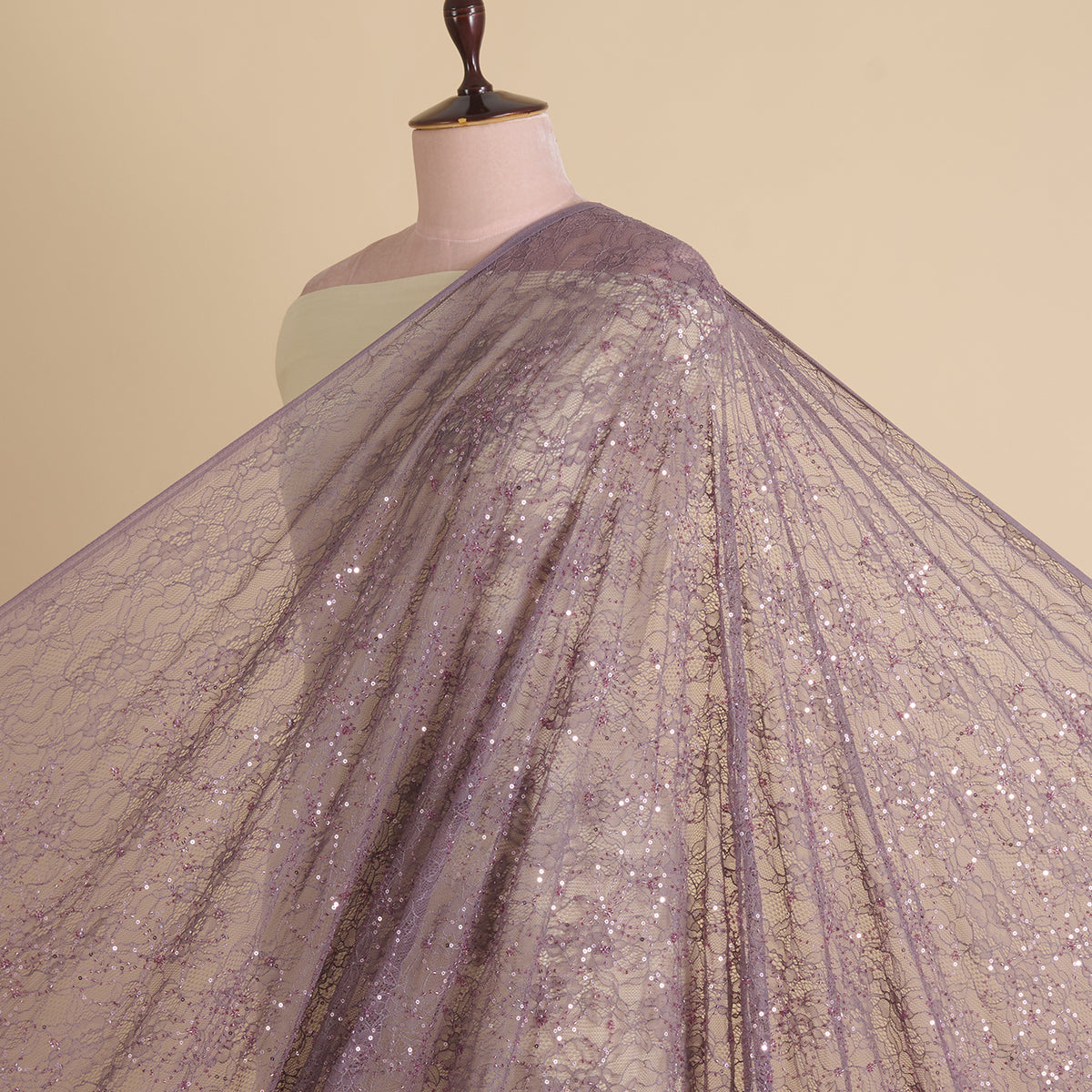 Lilac Matt Chantilly Lace Sequin Cutdana Embroidery Jaal Fabric