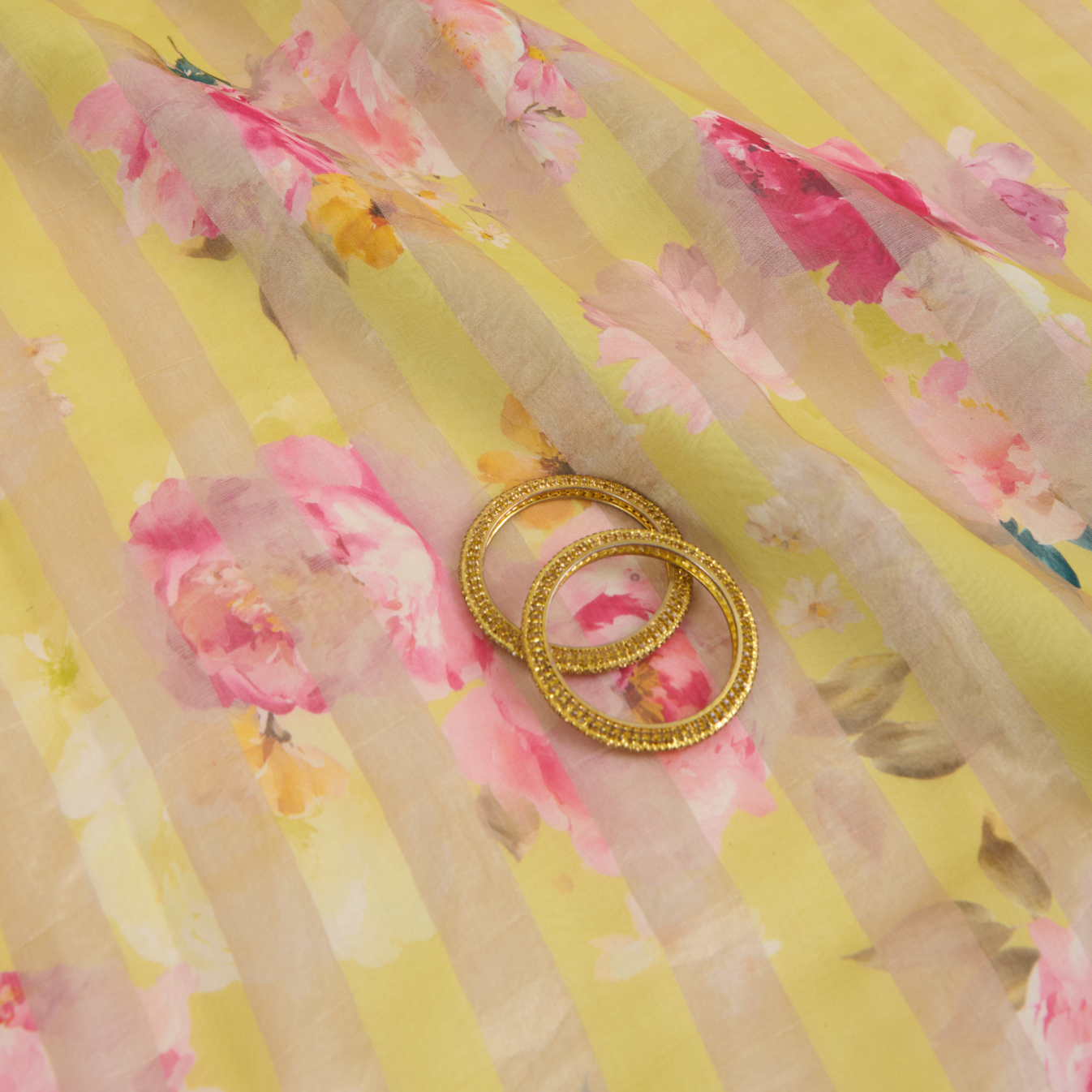 Lemon Yellow Chanderi Printed Fabric with Tissue Stripes