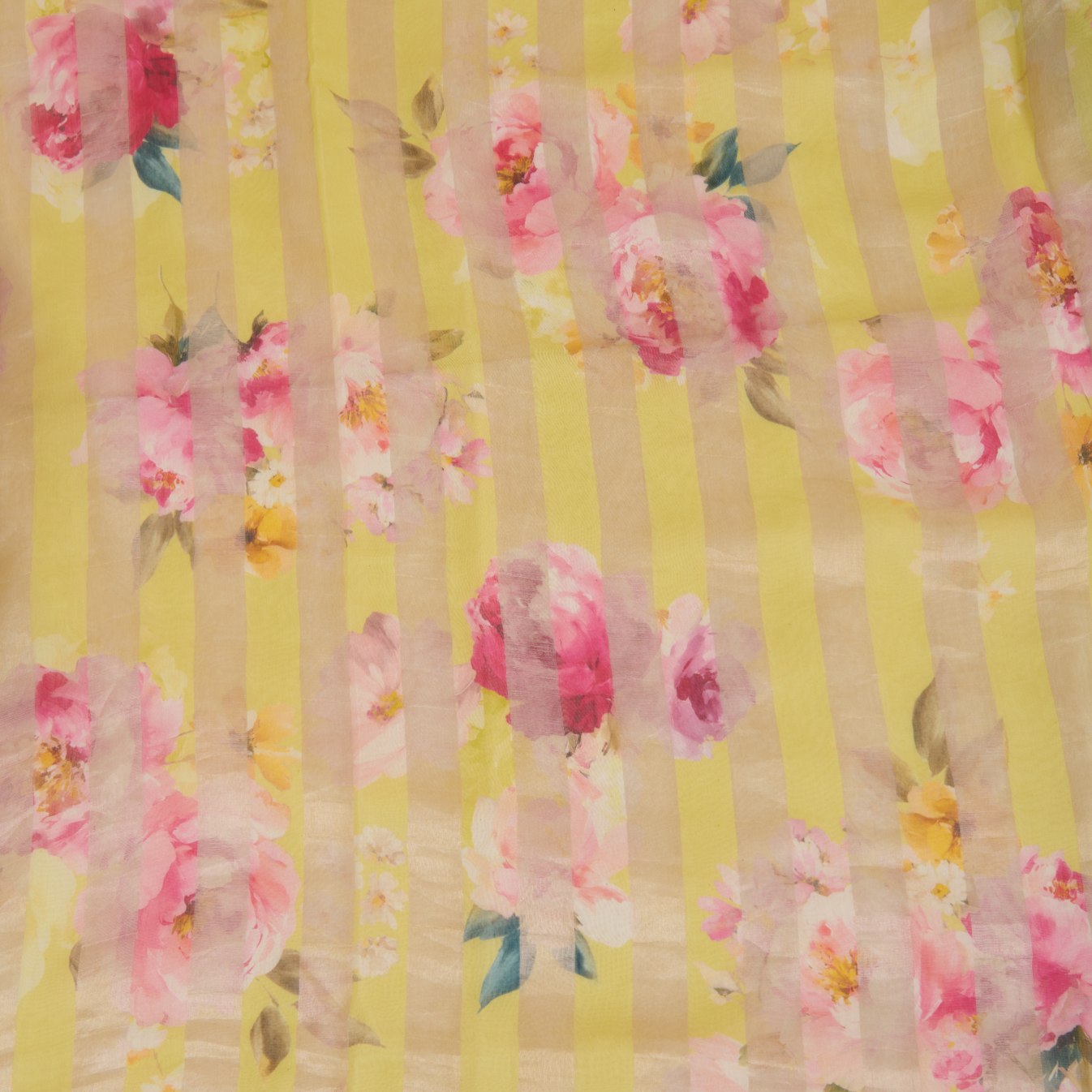 Lemon Yellow Chanderi Printed Fabric with Tissue Stripes