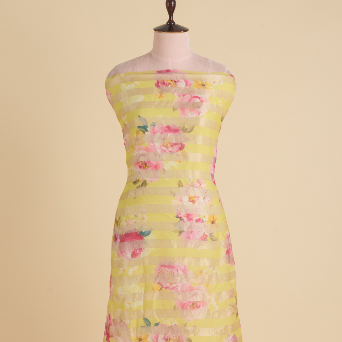 Lemon Yellow Chanderi Printed Fabric with Tissue Stripes