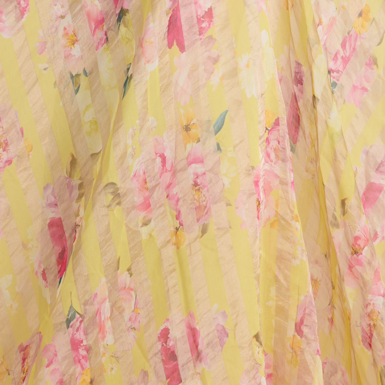 Lemon Yellow Chanderi Printed Fabric with Tissue Stripes