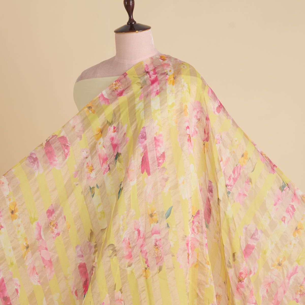 Lemon Yellow Chanderi Printed Fabric with Tissue Stripes