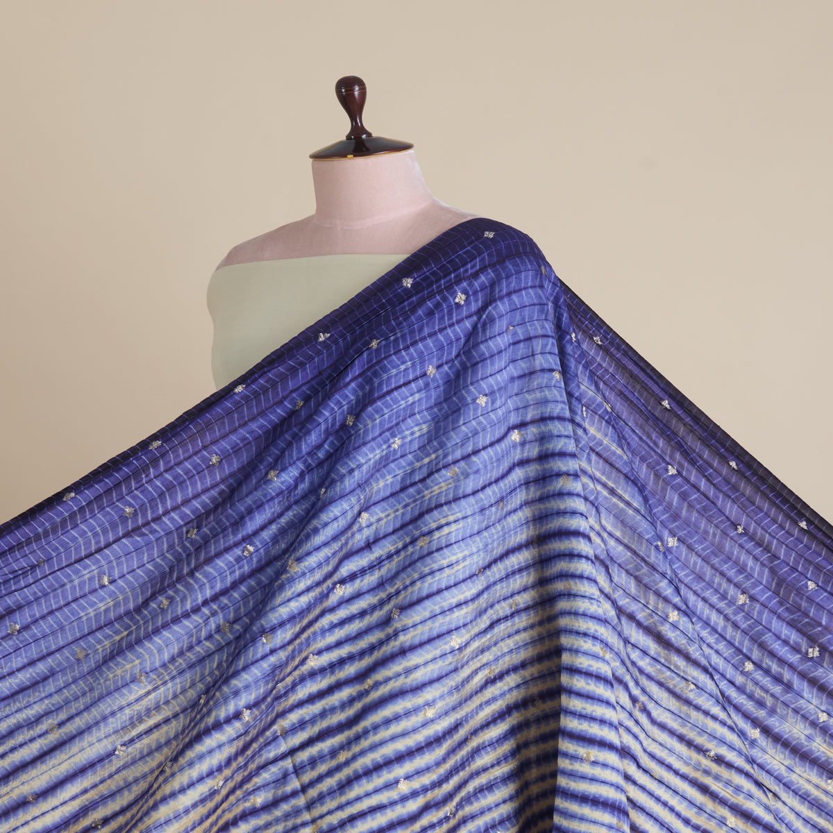 Natural Blue Chiniya Tie & Dye Butta Woven Fabric