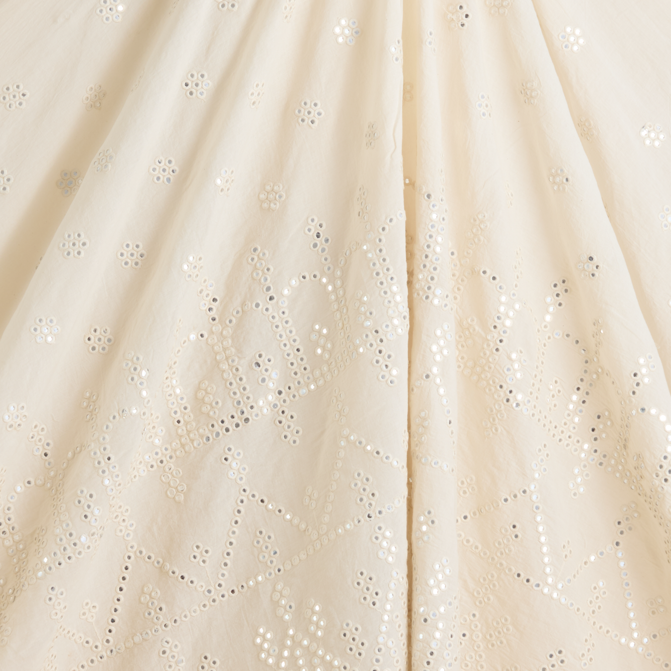 Off White Cotton Mal Daman Skirt Mirror Work Fabric