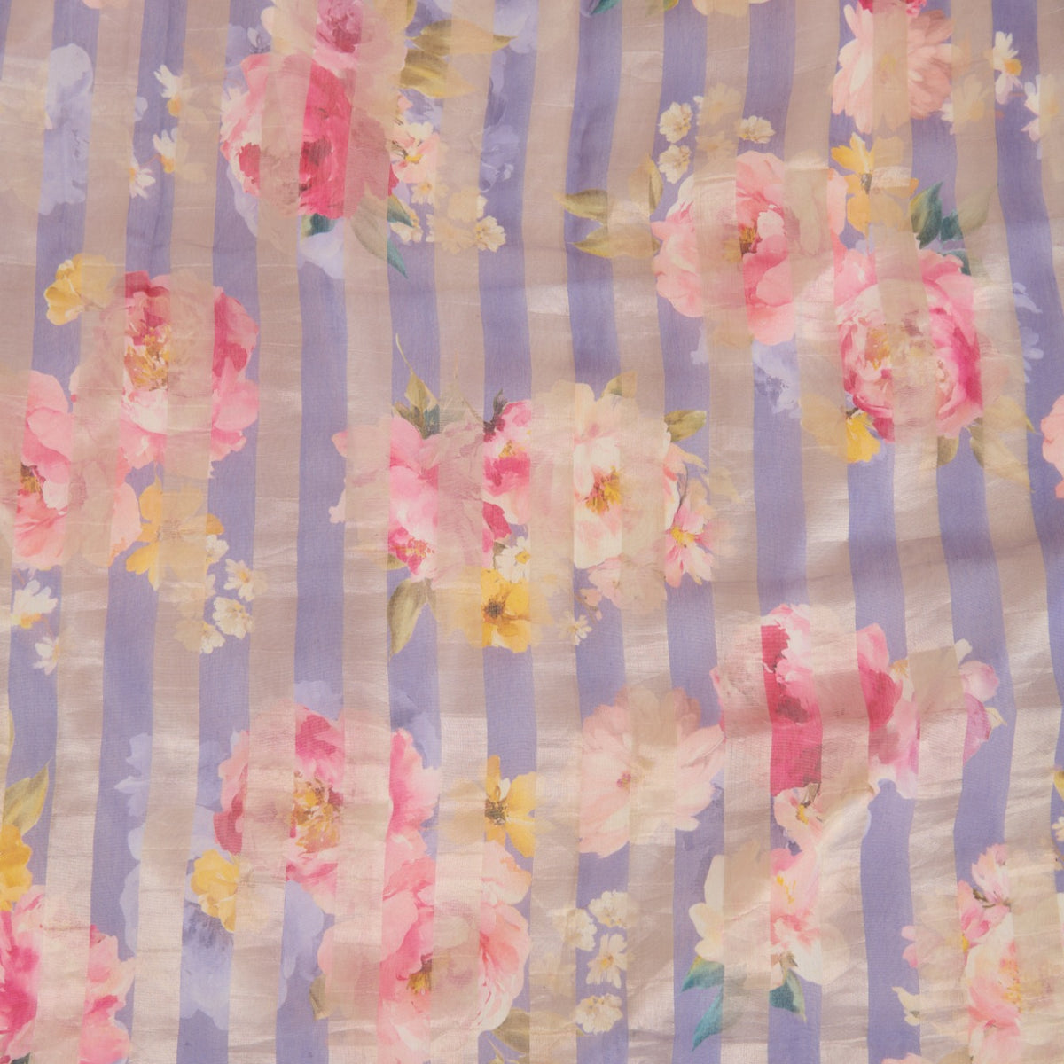 Purple Chanderi Printed Fabric with Tissue Stripes