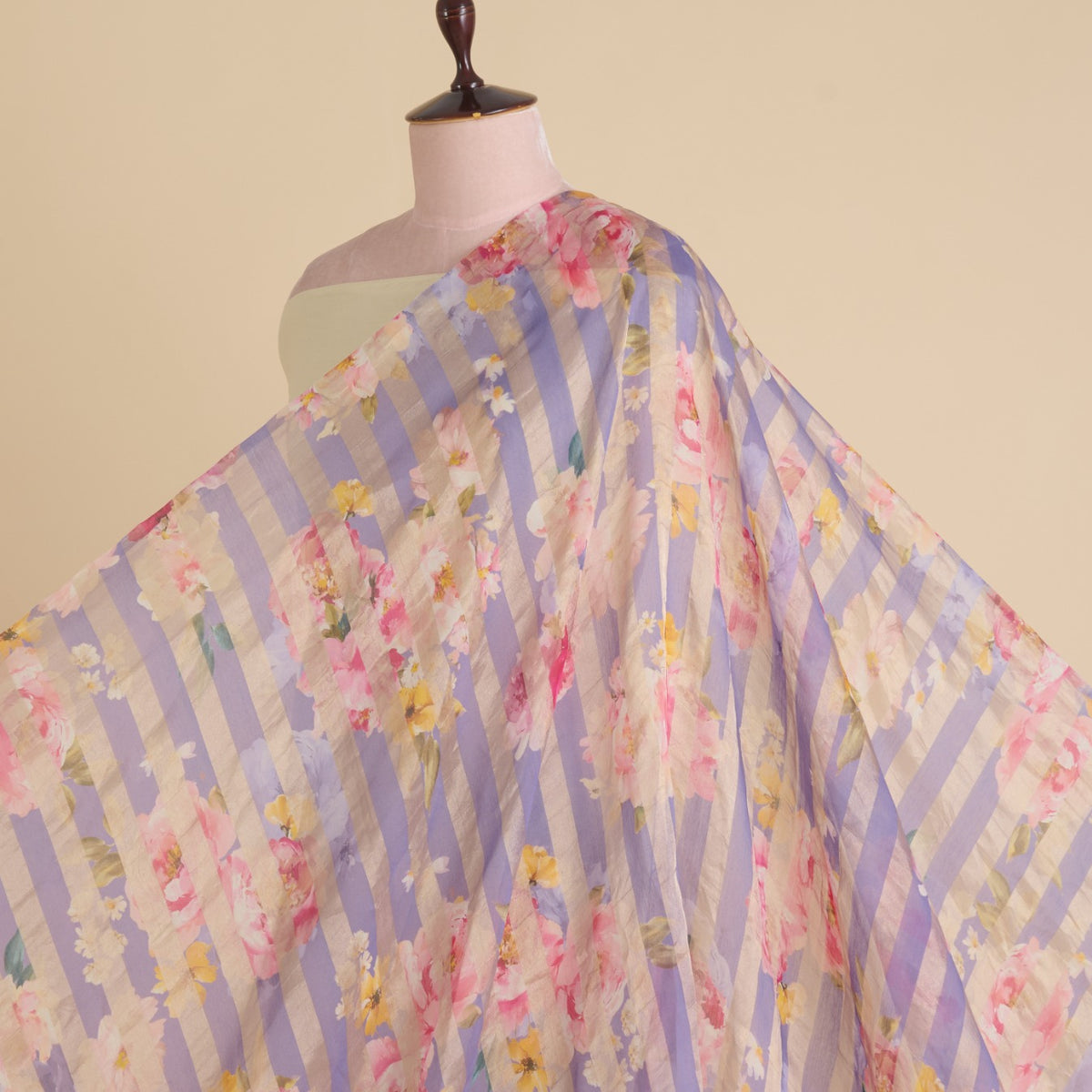 Purple Chanderi Printed Fabric with Tissue Stripes