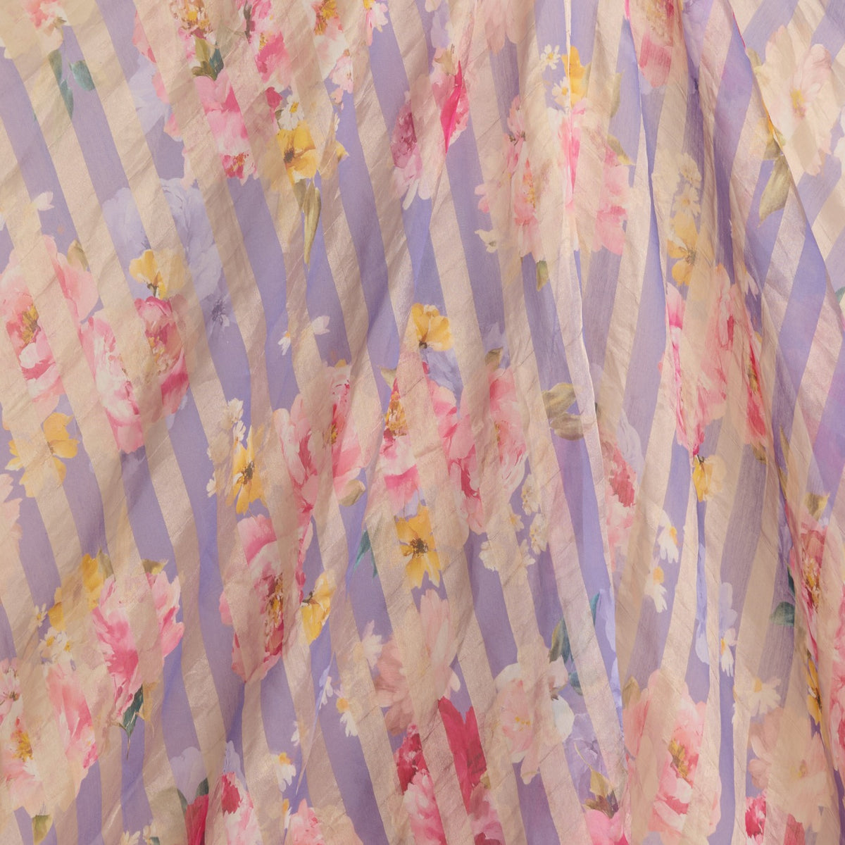 Purple Chanderi Printed Fabric with Tissue Stripes