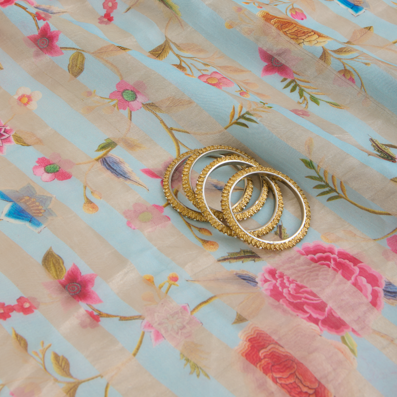 Powder Blue Chanderi Printed Fabric with Tissue Stripes