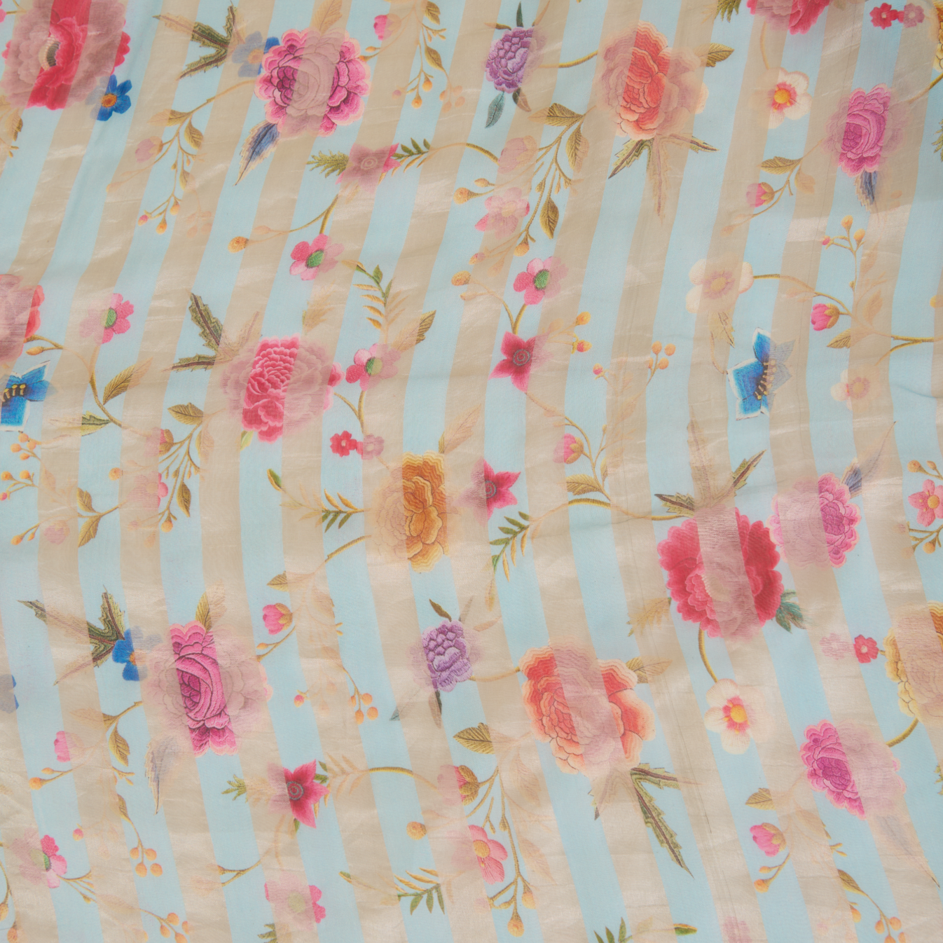 Powder Blue Chanderi Printed Fabric with Tissue Stripes