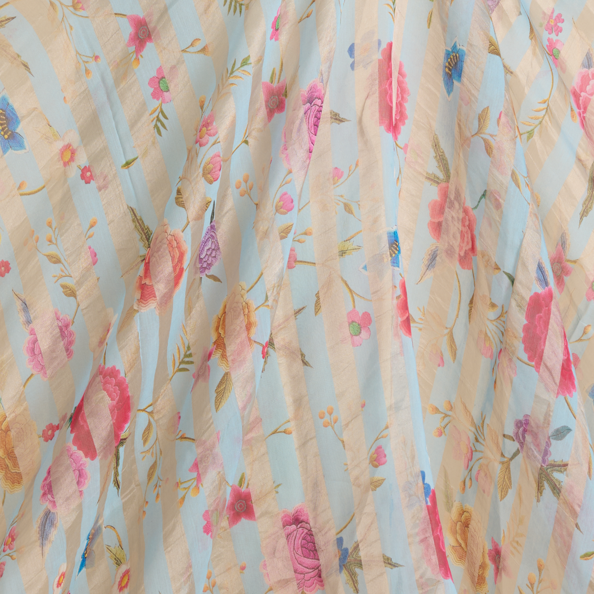 Powder Blue Chanderi Printed Fabric with Tissue Stripes
