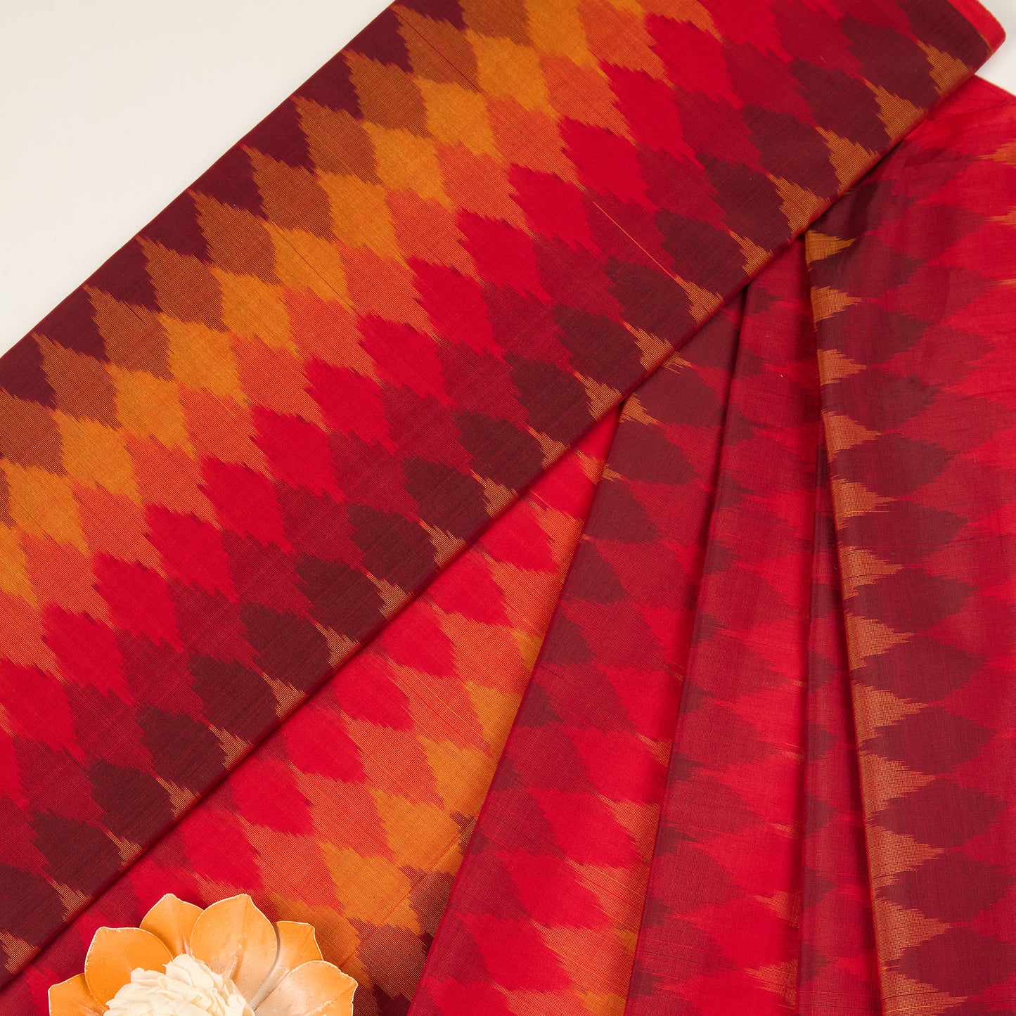 Red Cotton Silk Ikat Geometric Fabric