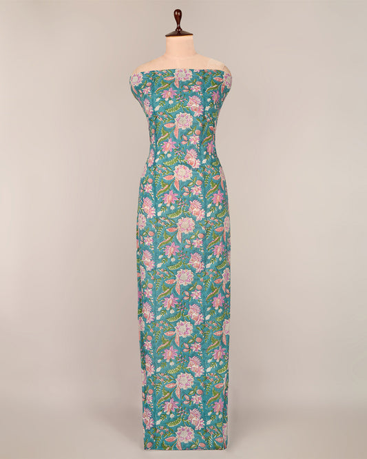 Cotton Jaipuri Block Jaal Printed Fabric in Rama Green