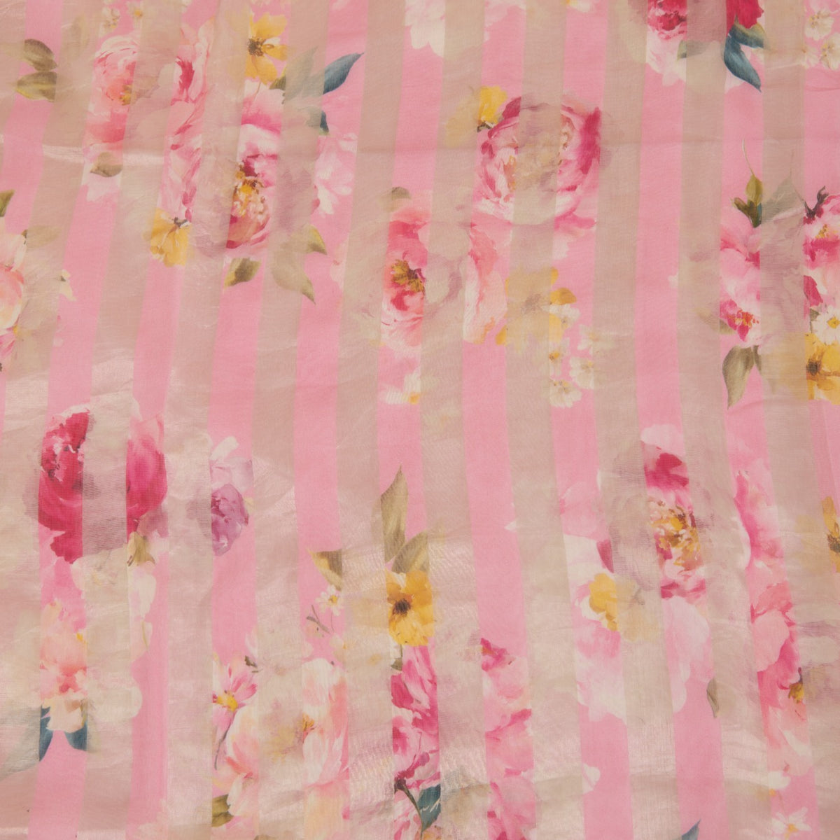 Rose Pink Chanderi Printed Fabric with Tissue Stripes