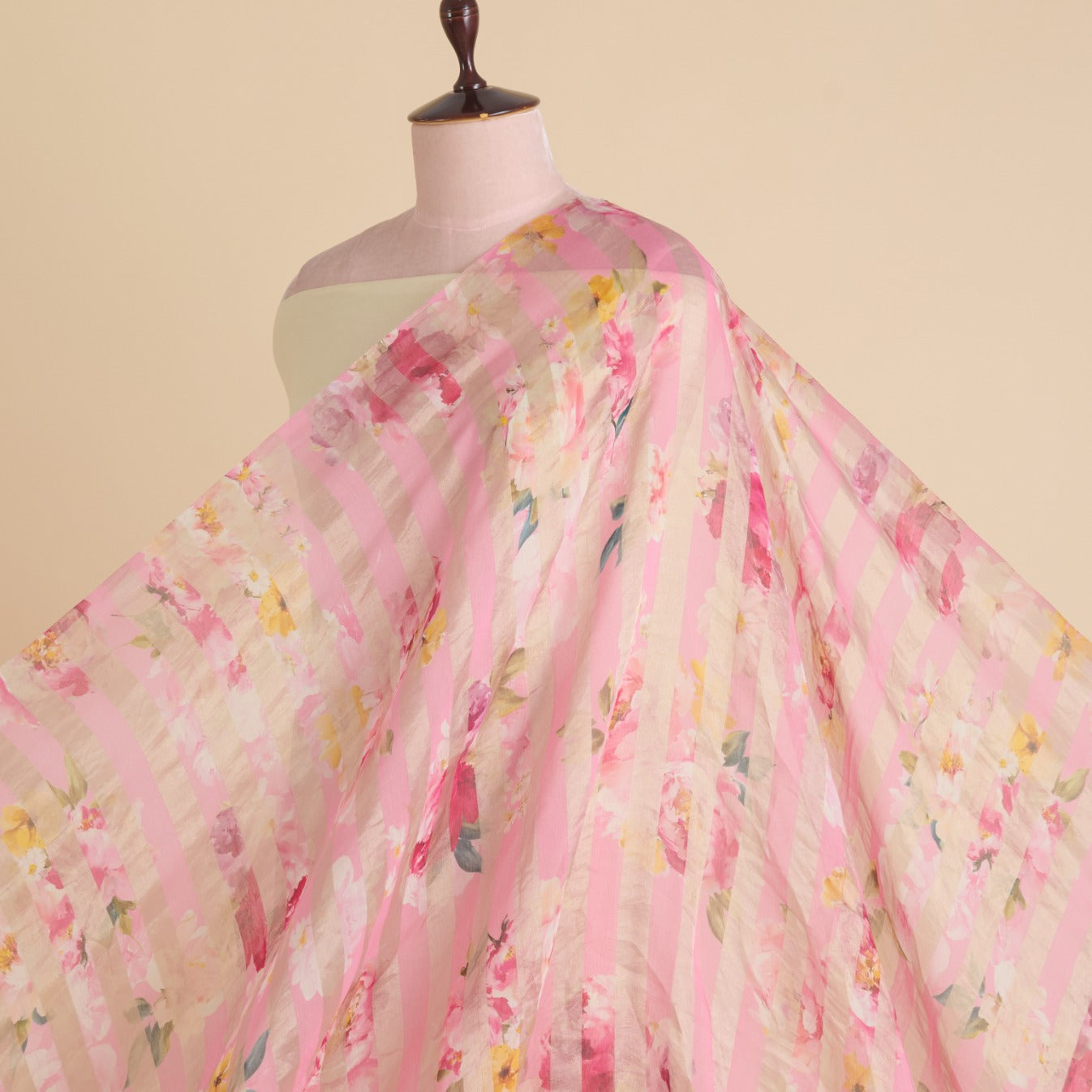 Rose Pink Chanderi Printed Fabric with Tissue Stripes