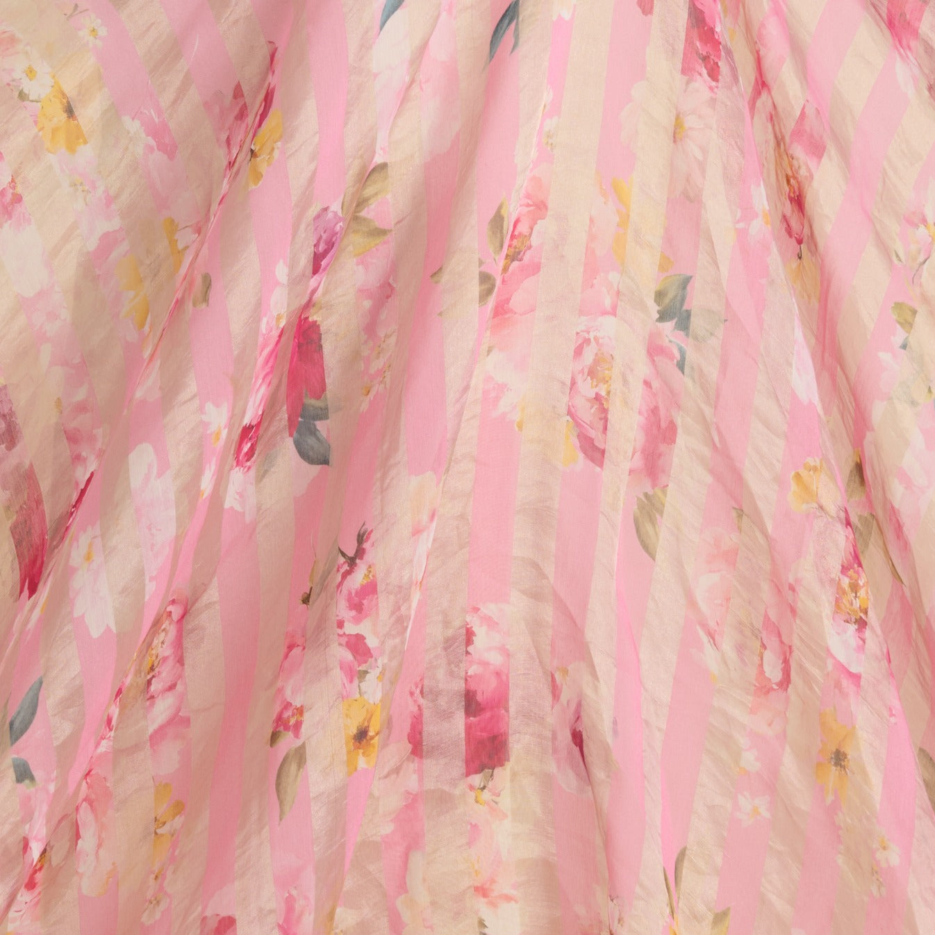 Rose Pink Chanderi Printed Fabric with Tissue Stripes