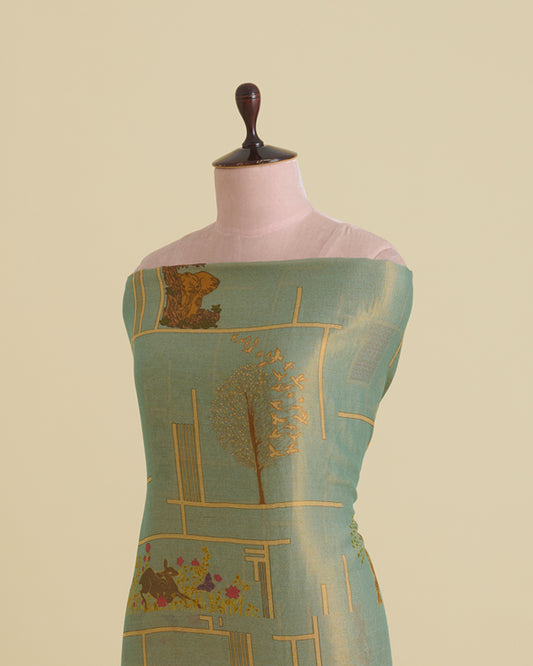 Sea Green Cotton Tissue Abstract Figure Printed Fabric