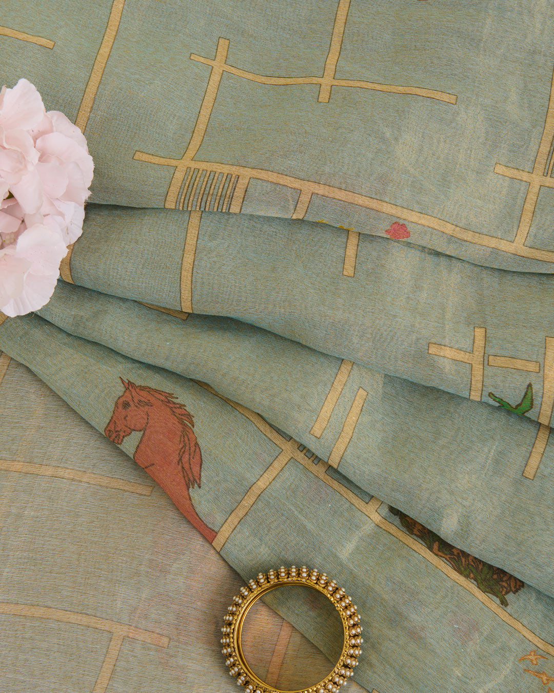 Sea Green Cotton Tissue Abstract Figure Printed Fabric