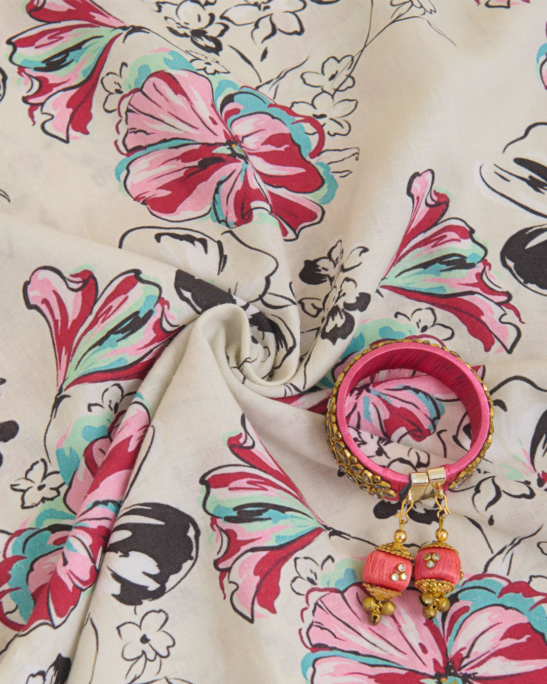 Cotton Linen Floral Printed Fabric – Cream