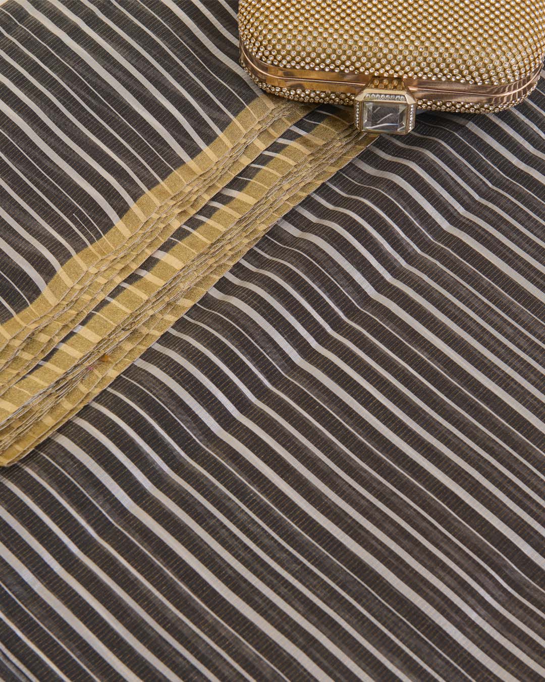 Black White Chanderi Tissue Black Gold Stripes