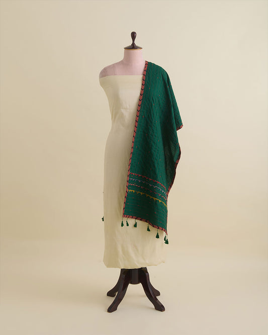 Bottle Green Cotton Katha Work Ajrak Patti Stole Dupatta