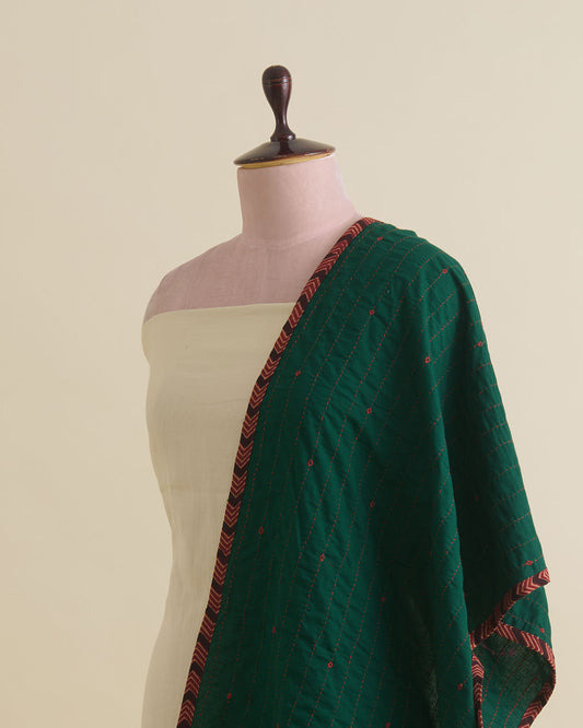 Bottle Green Cotton Katha Work Ajrak Patti Stole Dupatta
