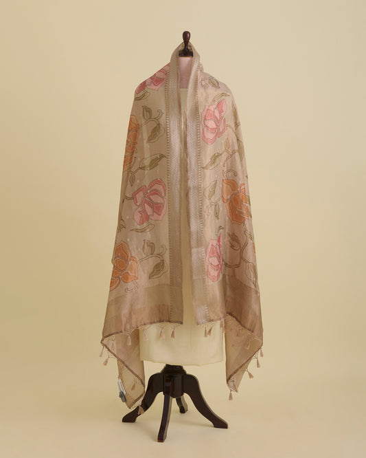 Beige Chanderi Tissue Kalamkari Digital Printed Dupatta