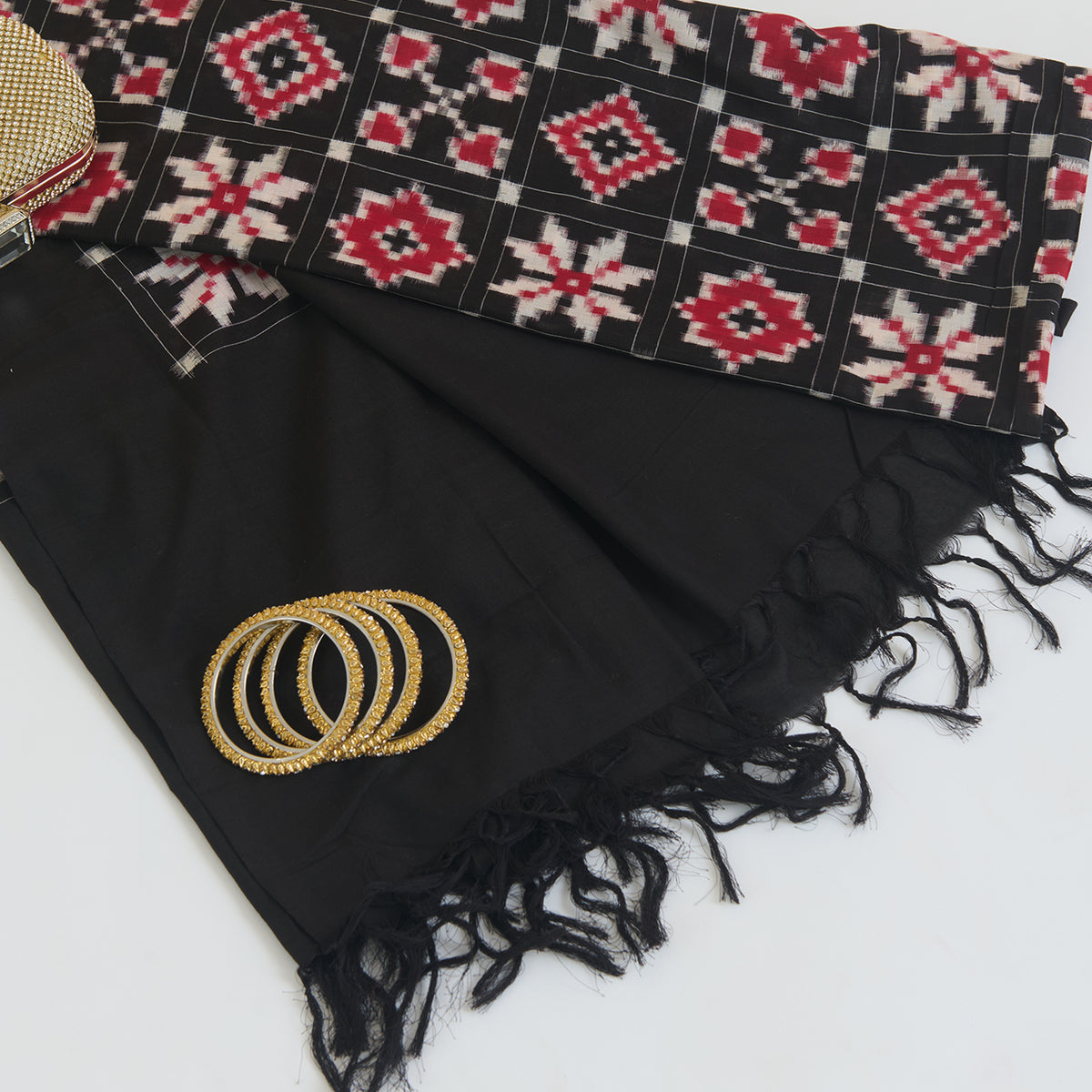 Black Cotton Silk Ikat Patola Dupatta
