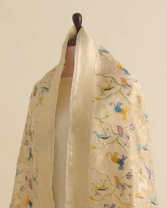 Beige Gold Chanderi Tissue Handwoven Gold Hand Printed Dupatta