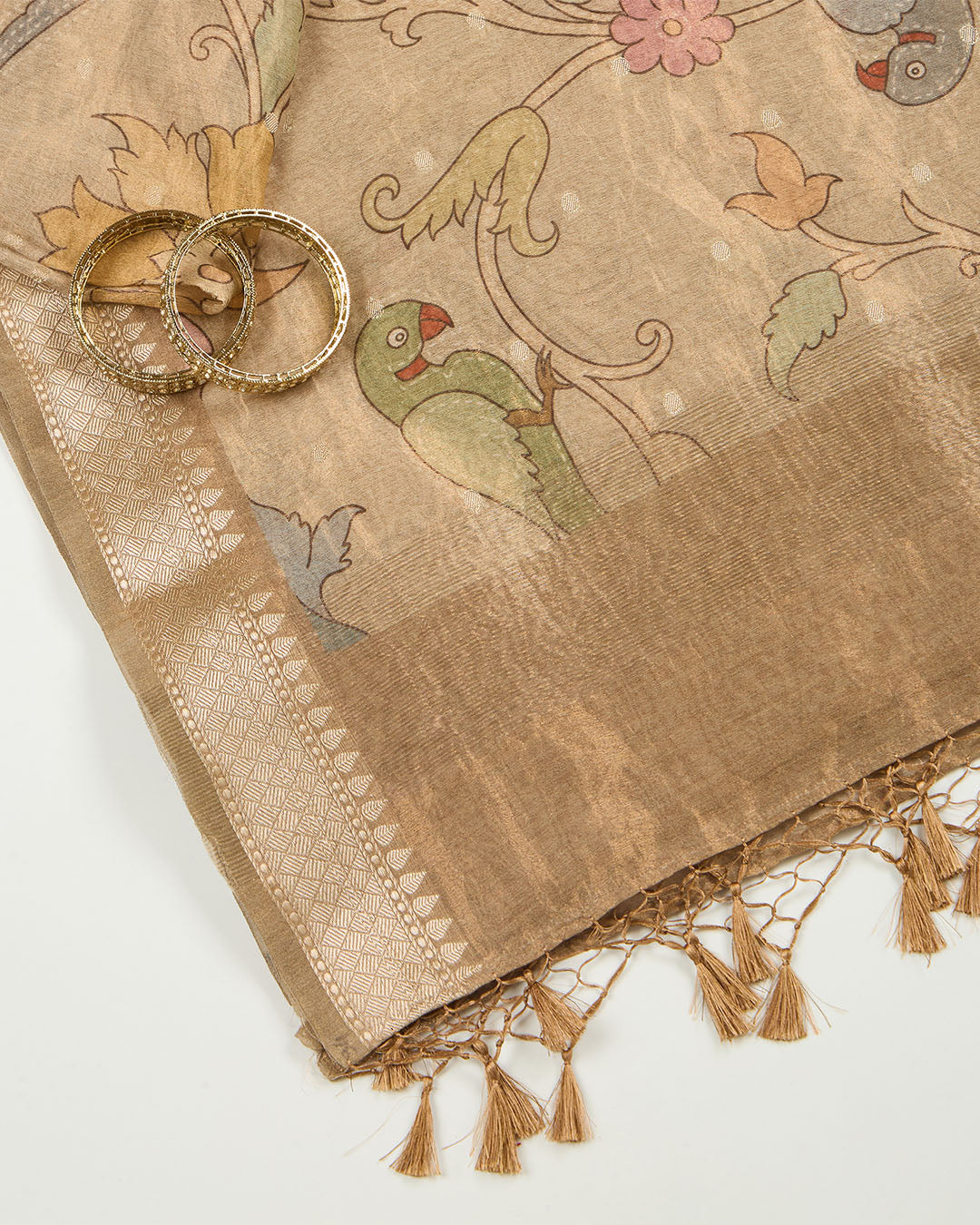 Beige Chanderi kalamkari printed woven dupatta