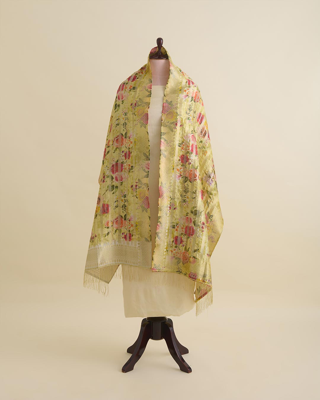 Green Chiniya Silk Hand Woven Floral Print Dupatta